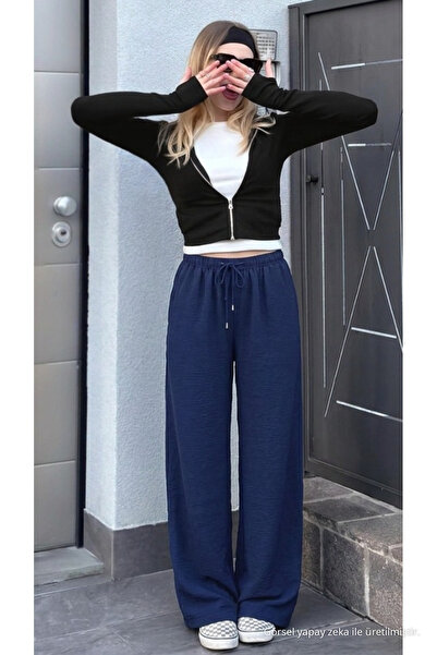 DAMGA JEANS Γυναικείο λινό παντελόνι με φαρδιά μπατζάκια σε σκούρο μπλε χρώμα...