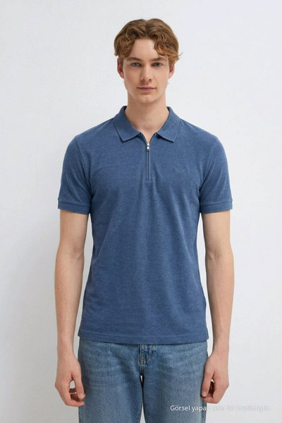 DAMGA JEANS Men's Embroidered Zippered Blue Polo Collar T-Shirt