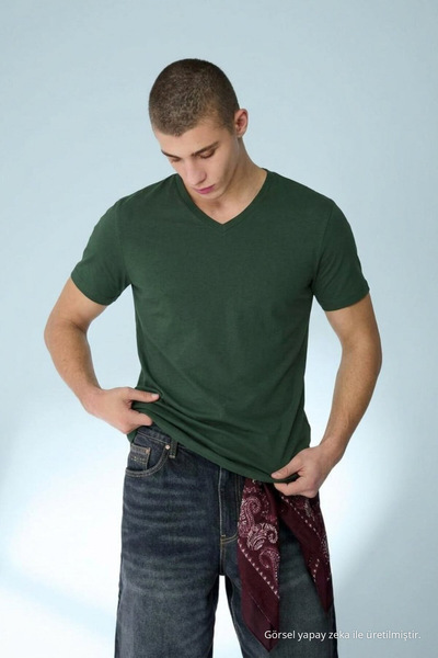 DAMGA JEANS Ανδρικό μπλουζάκι με ίσια γραμμή, χακί, με λαιμόκοψη V