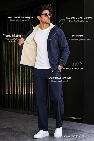 DAMGA JEANS Erkek Trend Lacivert Fermuarlı İçi Peluşlu Yağmurluk