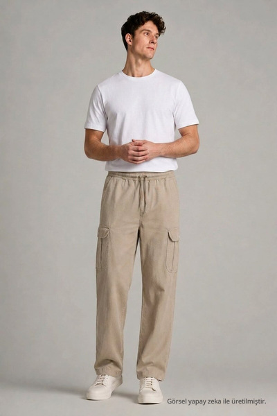 DAMGA JEANS Erkek Beli Lastikli Krem Kargo Keten Pantolon