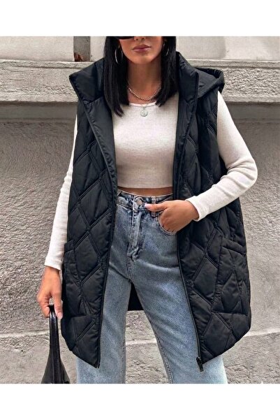 MODA kapşonlu kapitone uzun yelek