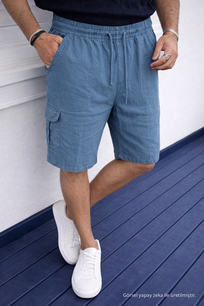 DAMGA JEANS Erkek Günlük Trend Bol Kargo Cepli K.Mavi Keten Şort