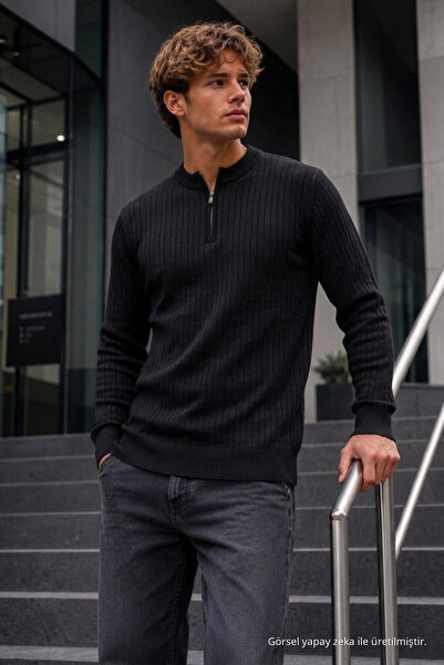 DAMGA JEANS Pulover pentru bărbați, 95% bumbac, cu dungi, anti-scămoșare, negru