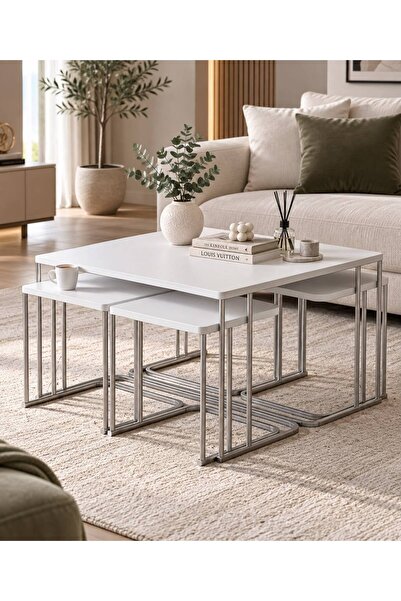 Zigon ORTA SEHPA 5'Lİ TEKERLEKLİ 4+1 YAVRUU ORTA SEHPA GÜMÜŞ METAL BEYAZ TABL...