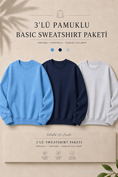 DAMGA JEANS 3 Adet Erkek %100 Pamuk Regular Fit Basic Sweatshirt