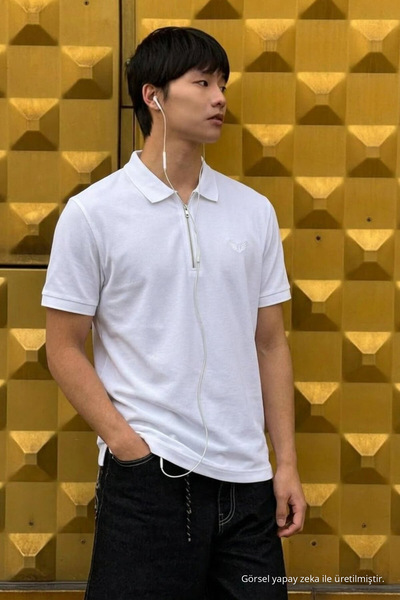 DAMGA JEANS Men's Flexible White Polo Collar T-Shirt