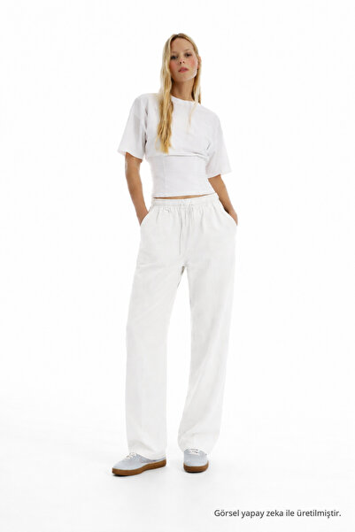 DAMGA JEANS Γυναικείο casual καλοκαιρινό παντελόνι από λευκό λινό σε χαλαρή γ...