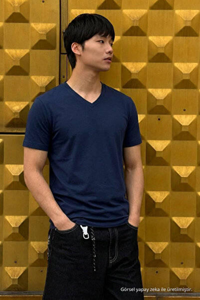 DAMGA JEANS Ανδρικό μπλουζάκι Comfort με κοντό μανίκι, σκούρο μπλε, με λαιμόκ...