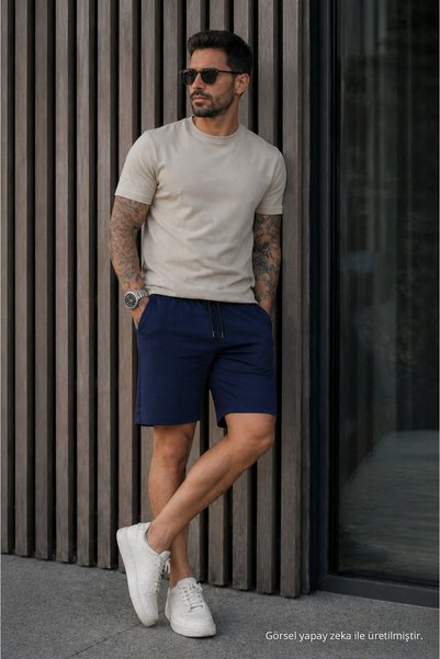 DAMGA JEANS Men's Regular Fit Pocketed Lace-Up Waist Navy Blue Basic Shorts