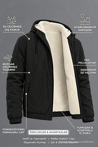 DAMGA JEANS Erkek İçi Peluşlu Günlük Basic Siyah Yağmurluk & Rüzgarlık