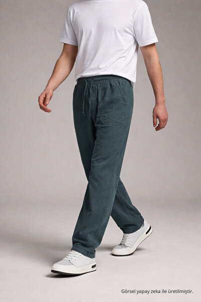 DAMGA JEANS Men's Elastic Waist Loose Leg Khaki Linen Trousers