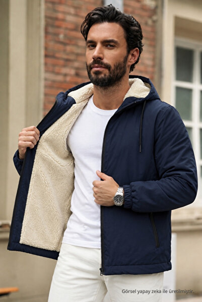 DAMGA JEANS Erkek İçi Kürklü Kışlık Lacivert Fermuarlı Yağmurluk