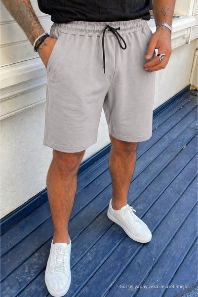 DAMGA JEANS Pantaloni scurți gri de bază, largi, cu buzunare, cu talie elasti...