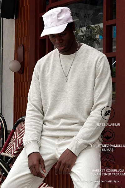 DAMGA JEANS Men's Crew Neck Long Cream Knit Sweater
