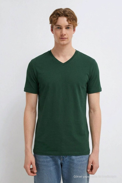 DAMGA JEANS Ανδρικό casual άνετο μπλουζάκι χακί με λαιμόκοψη V