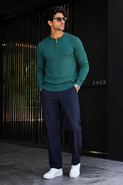 DAMGA JEANS سترة شتوية خضراء مخططة للرجال من التريكو الفاخر