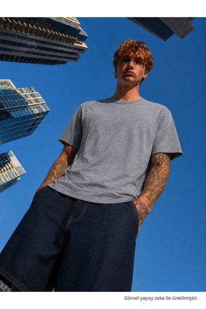 DAMGA JEANS تي شيرت رجالي صيفي من القطن بنسبة 100% بقصة عادية ولون أنثراسايت