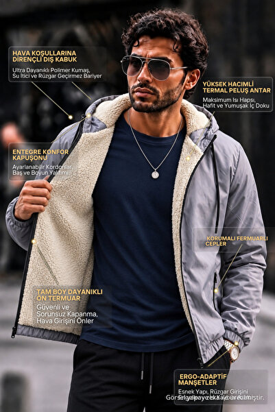 DAMGA JEANS Men's Waterproof Gray Plush Hooded Raincoat