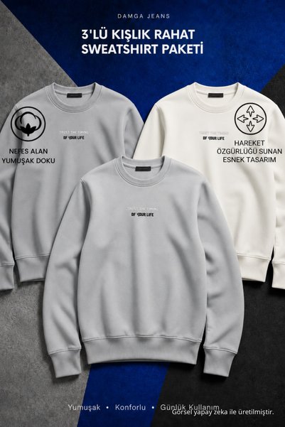 DAMGA JEANS 3 Pieces Men's Long Sleeve Printed Cotton Sweatshirt