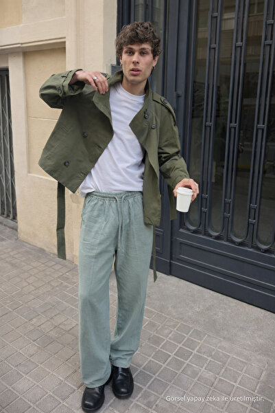 DAMGA JEANS Men's Trend Low Waist Loose S.Green Linen Trousers