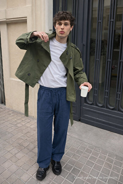 DAMGA JEANS Pantaloni de in, largi, albastru marin, cu talie joasă, pentru bă...