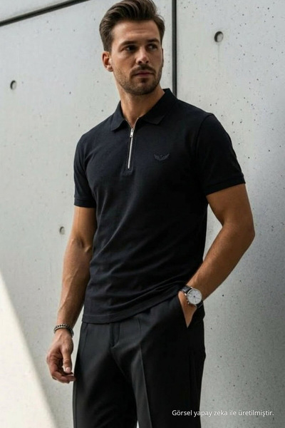 DAMGA JEANS Tricou negru cu guler polo, croială relaxată, pentru bărbați