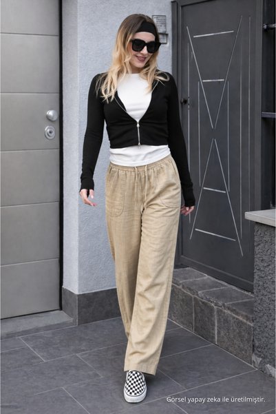 DAMGA JEANS Women's Summer Regular Loose-Leg Beige Linen Trousers