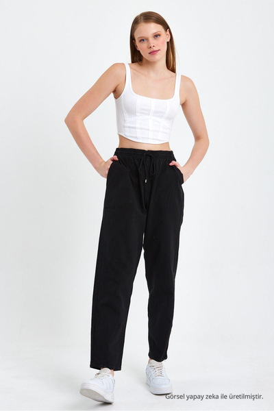 COMBİNE MİCHAİL Black High Waist Elastic Waist Linen Trousers