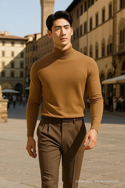 COMBİNE MİCHAİL Men's Casual Stylish Relaxed Loose Brown Knit Sweater