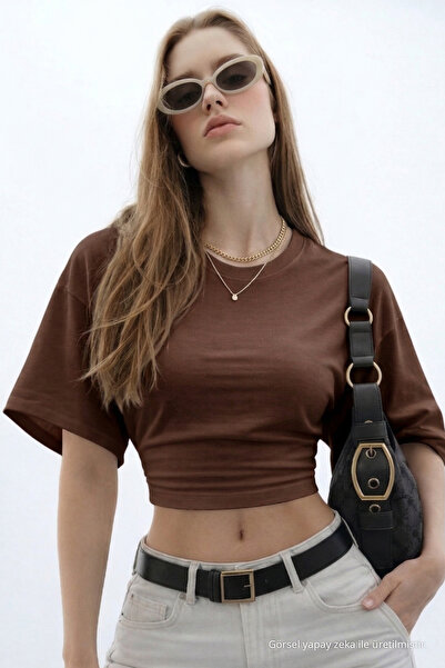 COMBİNE MİCHAİL Kadın Basic Bel Detaylı Kahve Crop Bluz