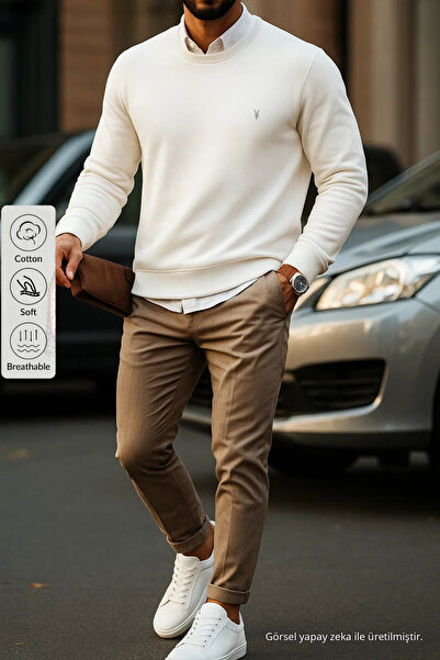 COMBİNE MİCHAİL Erkek Basic Bisiklet Yaka Beyaz Sweatshirt