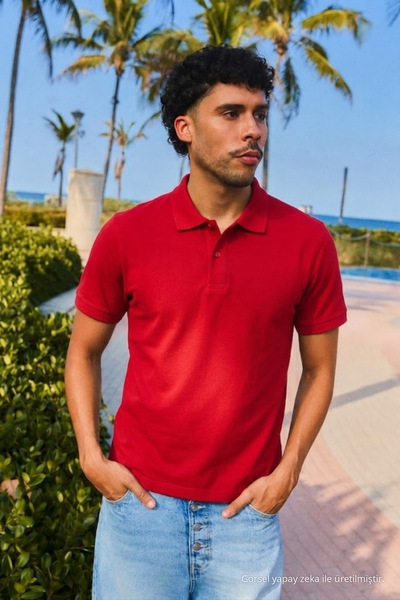 COMBİNE MİCHAİL Erkek Kısa Kol Kırmızı Bol Polo Yaka Tişört