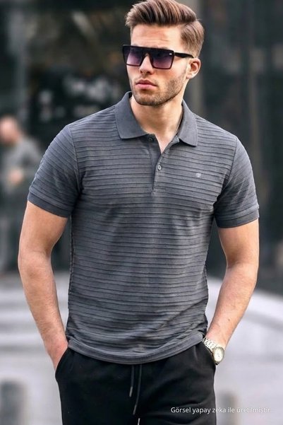 COMBİNE MİCHAİL Men's Basic Dark Gray Comfort Polo Neck T-Shirt