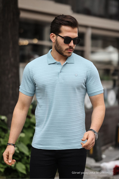 COMBİNE MİCHAİL Men's 100% Cotton Fabric Slim Fit Cut Light Blue Polo Collar ...