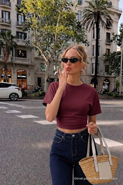 COMBİNE MİCHAİL Kadın Bisiklet Yaka Bordo Crop Tişört