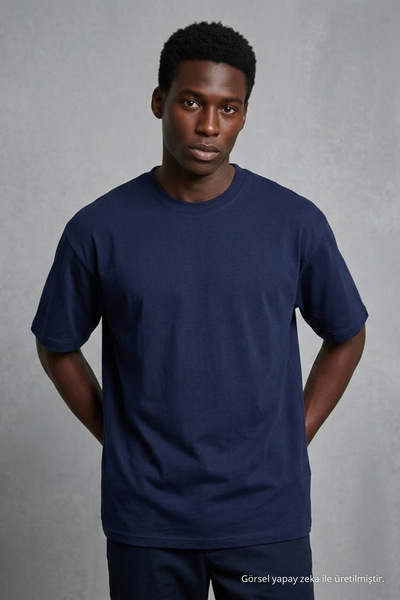 COMBİNE MİCHAİL Men's Short Sleeve Summer Navy Blue Oversized T-Shirt