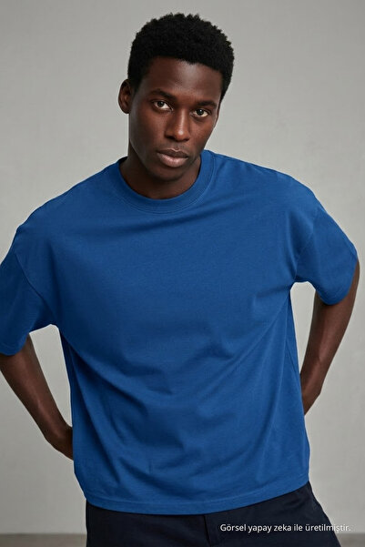 COMBİNE MİCHAİL Men's Short Sleeve Summer Blue Oversized T-Shirt