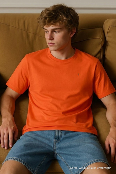 COMBİNE MİCHAİL Men's Short Sleeve Comfortable Cotton Orange T-Shirt
