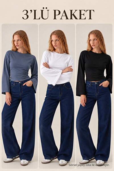 COMBİNE MİCHAİL Kadın Uzun Yarasa Kollu 3 Lü Crop Bluz