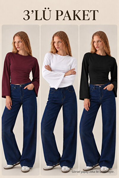 COMBİNE MİCHAİL Kadın Uzun Yarasa Kollu 3 Lü Crop Bluz