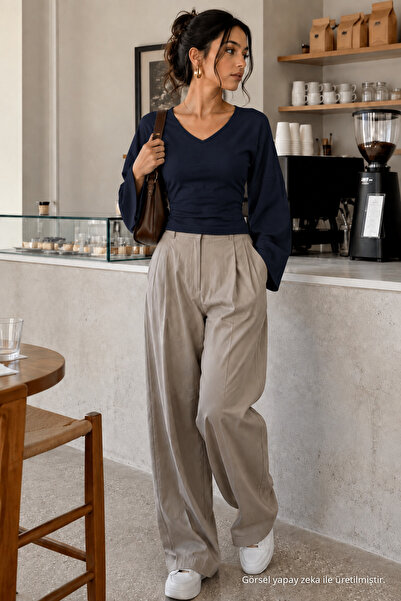 COMBİNE MİCHAİL Kadın Casual Belden Oturtma Lacivert Bluz