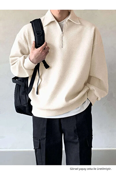 COMBİNE MİCHAİL Men's Polo Neck Half Zip Sweatshirt Ecru