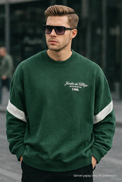 COMBİNE MİCHAİL Erkek Kışlık Baskılı Oversize Yeşil Sweatshirt