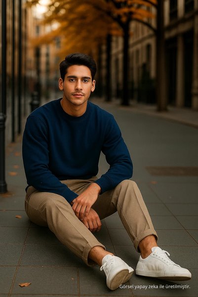COMBİNE MİCHAİL Men's Casual Basic Navy Blue Loose Sweater