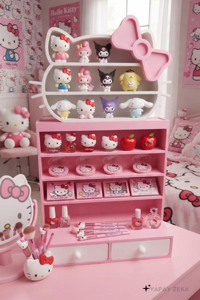 Hello Kitty Large Size Desktop Shelf Organizer with Drawers and Ribbons, Multi-Purpose Figure Organizer 40X25 Cm.