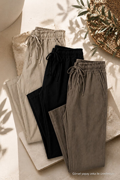 COMBİNE MİCHAİL Men's 3-Piece Loose Linen Trousers with Elastic Waist