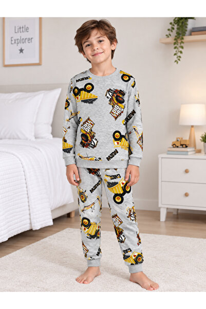 Fil Kids Boy's Gray Cotton Pajama Set - Truck Pattern, Long Sleeve, Seasonal