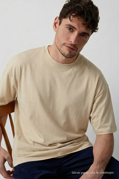 COMBİNE MİCHAİL Men's Crew Neck Beige Oversized T-Shirt