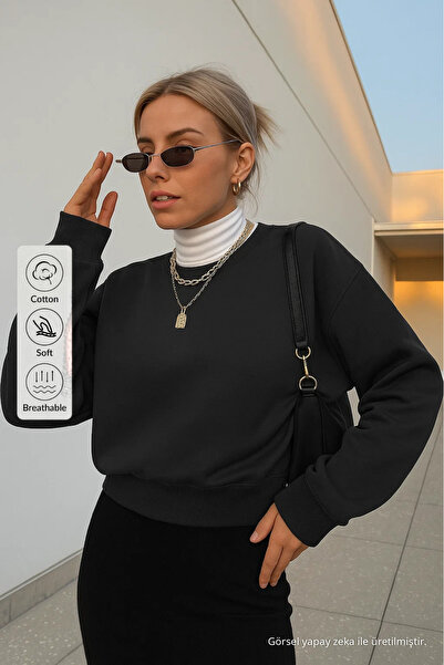 COMBİNE MİCHAİL Women's Basic Oversize Winter Black Sweatshirt